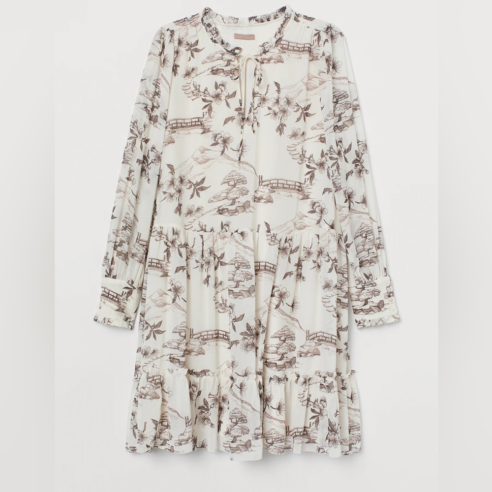 H&M Wide Chiffon Loose-fit Mini Dress Cream/Patterned
